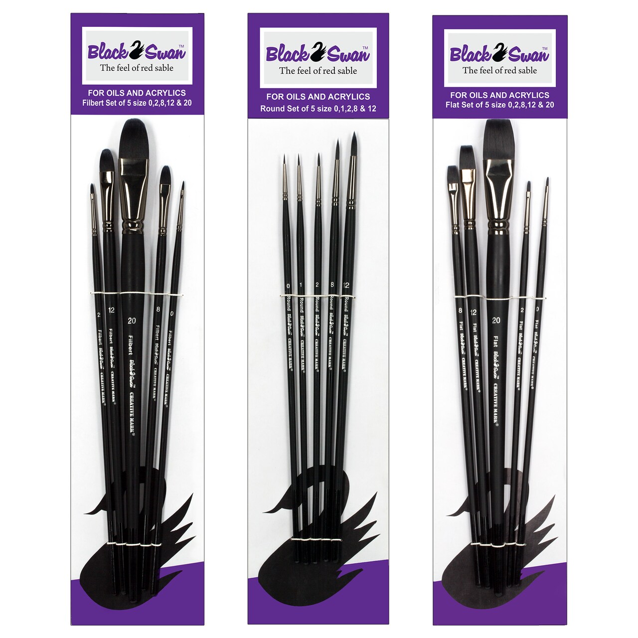 Black Swan Synthetic Red Sable Paint Brushes Set of 15 - High Quality Long Handle Paint Brushes in Assorted Shapes and Sizes for Oils, Heavy Body Media and Acrylics